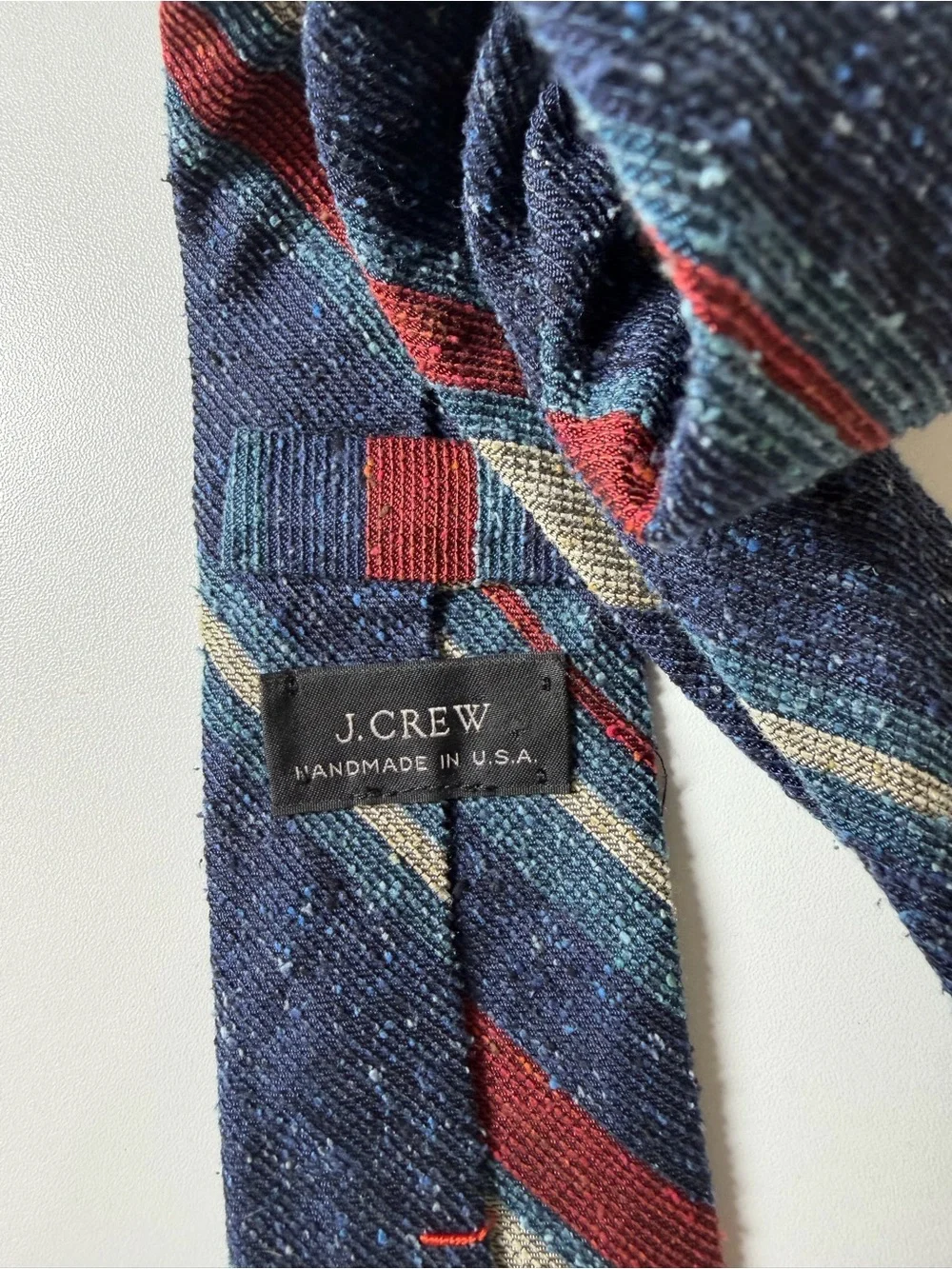 J. Crew Hand Made 100% Linen Navy Knit Tie with Red and Cream Stripes Classic